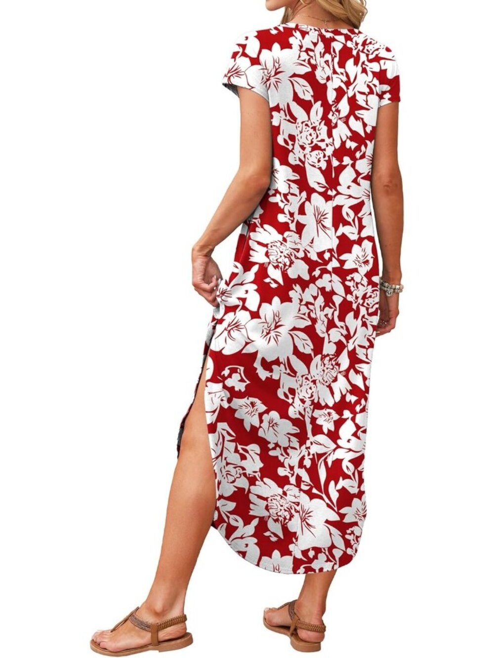 Women's Red Withe V Neck Cap Sleeve Long With Pocket Pull On Casual Maxi Dresses - Picture 4 of 4